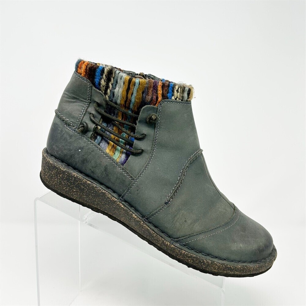 Aetrex Blue Gray Ankle Booties Lace Up Side Zip Sweater-Knit Collar Size 10